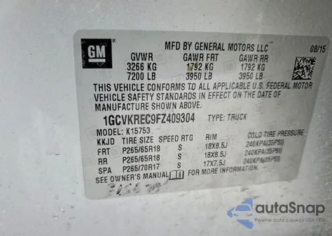 2015 Chevrolet Silverado K1500 Lt z USA, uszkodzony, nr VIN 1GCVKREC9FZ409304